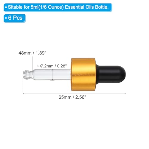 Glass Eye Dropper Caps, 6 Pcs Anodized Aluminum Glass Dropper Closure Top for 5ml(1/6oz) Essential Oils Bottle, Perfume, Lab Experiments, Gold Tone