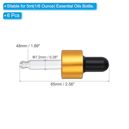 Glass Eye Dropper Caps, 6 Pcs Anodized Aluminum Glass Dropper Closure Top for 5ml(1/6oz) Essential Oils Bottle, Perfume, Lab Experiments, Gold Tone