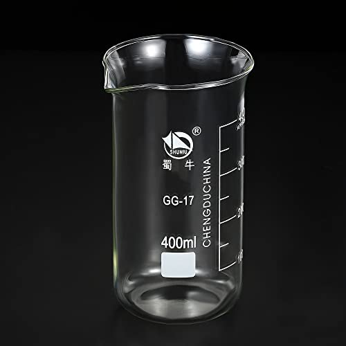 PATIKIL 400ml Tall Form Glass Beaker, 3.3 Borosilicate Glass Graduated Printed Scale Measuring Cups with Spout for Kitchen Lab Liquids Transit Boiling - size: 400ml