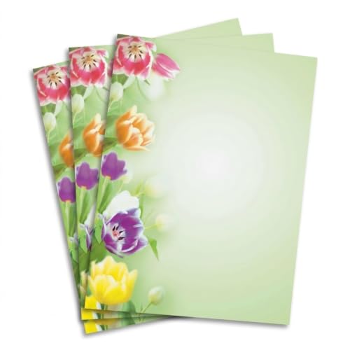 PaperDirect Fresh Tulips Border Paper, Green Gradient Background with Colorful Flowers, 8.5 x 11, Acid-Free, Stationery for Invitations, Flyers, Scrapbooks, Cards, 25 Sheets - color: Fresh Tulips