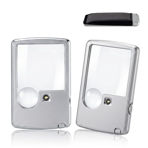 2PCS 3X 6X Magnifying Glass with Light, Mini Pocket Magnifying Glass, Portable Handheld Magnifier with Protective Sheath, Illuminated Lighted Magnifier for Reading, Coins, Hobby, Travel