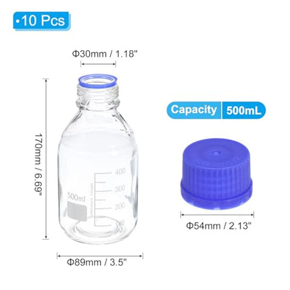 PATIKIL 10 Pack Reagent Media Storage Bottles, 500ml Borosilicate Glass Graduated Round Bottles with GL32 Blue Screw Cap for Lab Water Reagent Liquids, Clear - size: 500ml