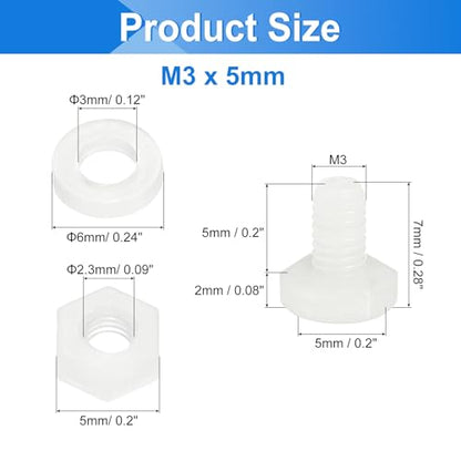 uxcell 300 Pcs/100 Sets Nylon Hex Bolts, M3 x 5mm Plastic Full Threaded Hex Head Screws Bolts and Nuts with Flat Washers for Machinery Electronics Industrial Accessories, White - size: M3 x 5mm