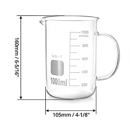 QWORK Beaker with Handle, 1000ml/33.81oz Measuring Cup, Borosilicate Glass,Beaker Mug with Pouring Spout (Pack of 2) - size: 1000 ml (Pack of 2)
