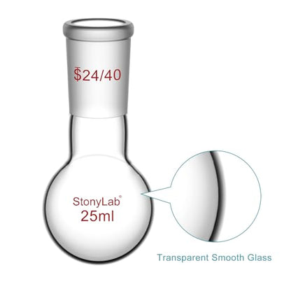 StonyLab Glass 25ml Heavy Wall Single Neck 1 Neck Round Bottom Flask RBF, with 24/40 Standard Taper Outer Joint – 25ml - size: 25 ml