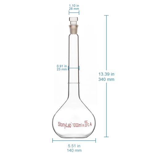 stonylab Glass Volumetric Flask Class A with Glass Stopper, Borosilicate Glass Heavy Wall Volumetric Flask Tolerance (1000 ml) - size: 1000 ml