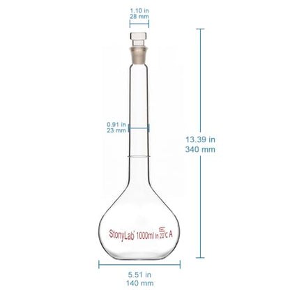 stonylab Glass Volumetric Flask Class A with Glass Stopper, Borosilicate Glass Heavy Wall Volumetric Flask Tolerance (1000 ml) - size: 1000 ml