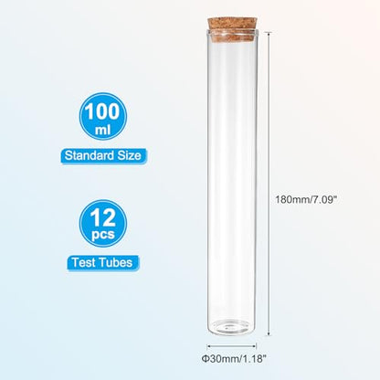 PATIKIL 100ml Test Tubes, 12pcs 7.09x1.18 Glass Clear Flat Bottom Test Tube Containers with Cork Stopper for Bead Party Candy Bath Salt Storage Scientific Experiment Plant Propagation - size: 100ml