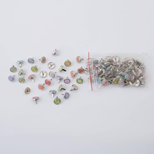 Metal Cute Decorative Brads (12mm), Mixed Mini Small Round Head Brass Paper Fasteners with Split Pins for Scrapbooking, DIY Crafts, Script Projects & More (100PCS)