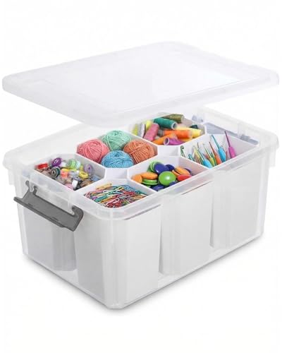 Clear Storage Box with Dividers, Plastic Organizer Box with Compartments and Secure Lid, Multi-Compartment Craft Organizer for Beads, Sewing Supplies, Jewelry, Toys and Small Parts Storage Container - color: White