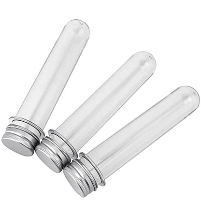 SEUNMUK 60 PCS 40ml Clear Plastic Test Tubes with Caps, 140 x 25 mm Clear Bath Salt Tubes, Test Tubes for Plants, Scientific Experiments, Candy Storage, Powders, Spices - color: Silver Caps