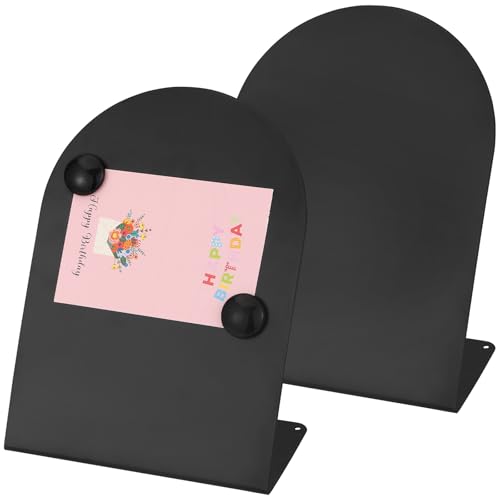 2 PCS Magnetic Bulletin Boards with Easel Stand, 11x8in Tabletop Metal Board with Anti-Tipping Bent Design and 4 Magnets, Memo Picture Display Board for Office, Kitchen, School, Home (Black)