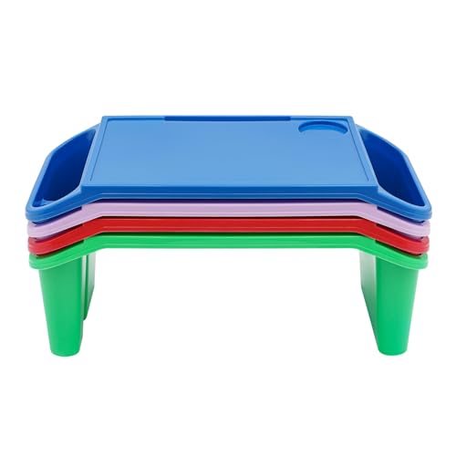 Activity Lap Desk Tray with Storage, Plastic Breakfast Laptop Trays with Side Pockets, Portable Lap Bed Table for Snacks, Play, Classroom and Sensory Toys (Multicolour, 50 * 25 * 18cm, 4pcs)