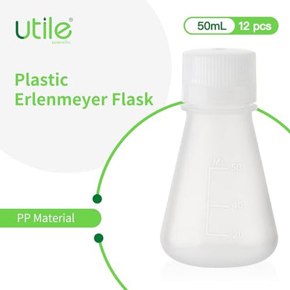 Utile Plastic Erlenmeyer Flask Set with Screw Caps,12pcs of Vol.50ml Scientific Conical Flask Laboratory Flask,with Molded Graduations, 4023.0650.12 - size: 12 pcs of 50ml