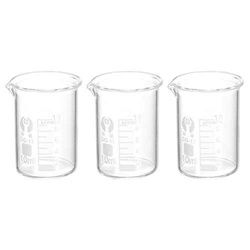 PATIKIL 3Pcs 10ml Low Form Glass Beaker, 3.3 Borosilicate Glass Graduated Printed Scale Measuring Cups with Spout for Kitchen Lab Liquids - size: 10ml