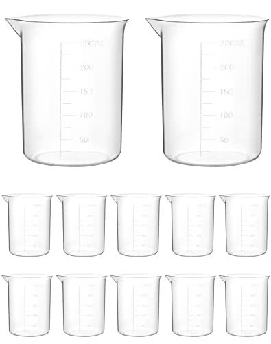 QWORK Plastic Beakers, 250ml, 12 Pieces, Polypropylene, Raised Graduations, Tapered Spout