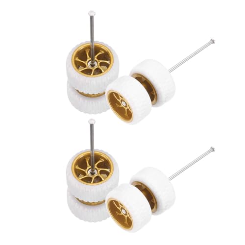 MECCANIXITY 4 Set 1/64 Wheels and Tires Set, Real Riders Rims Includes Axles for RC Diecast Car DIY Model, White with Gold 7-Spoke Rims, 11 x 5.2mm
