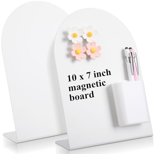 Redbaker 2 Pcs Magnetic Bulletin Board for Tabletops with 8 Flower Magnets 2 Magnetic Pen Holder 2 Pen 10 x 7 Inch Memo Display Easel Stand for Home Office School Kitchen Table Supplies (White) - color: White