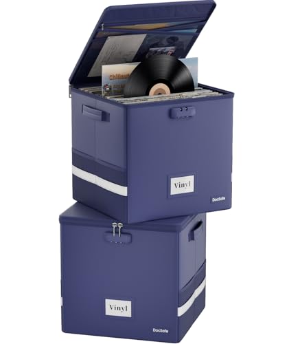 DocSafe Vinyl Record Storage Box with Lock,Fireproof Record Organizer Storage for 100+ Single Records(12-inch), Collapsible Storage Crate with Lid & Handles for Valuable Album Collection,Blue,2 Pack - color: Blue, size: 13"x13"x13", 2 pack