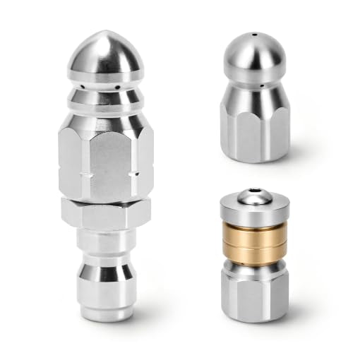 Sewer Jetter Nozzle Kit, 3-Pack Stainless Steel Jet Nozzles with Rotating, Button Nose, and Fixed Models, 1/4” Quick Connect, Up to 5000 PSI for Pressure Washer Drain Cleaning - color: 3-Pack