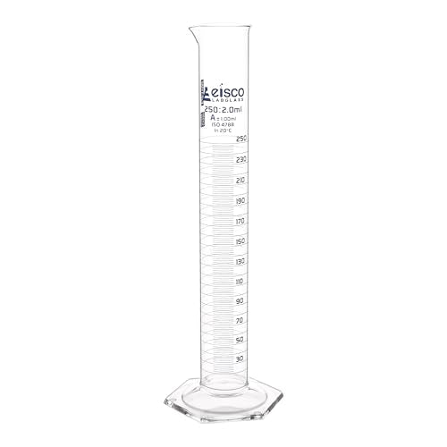 Graduated Cylinder, 250ml - Class A Tolerance ±1.00ml - Hexagonal Base - Blue Graduations - Borosilicate 3.3 Glass - Eisco Labs - size: 250mL