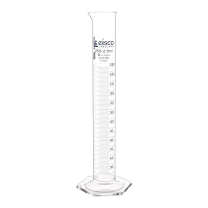 Graduated Cylinder, 250ml - Class A Tolerance ±1.00ml - Hexagonal Base - Blue Graduations - Borosilicate 3.3 Glass - Eisco Labs - size: 250mL