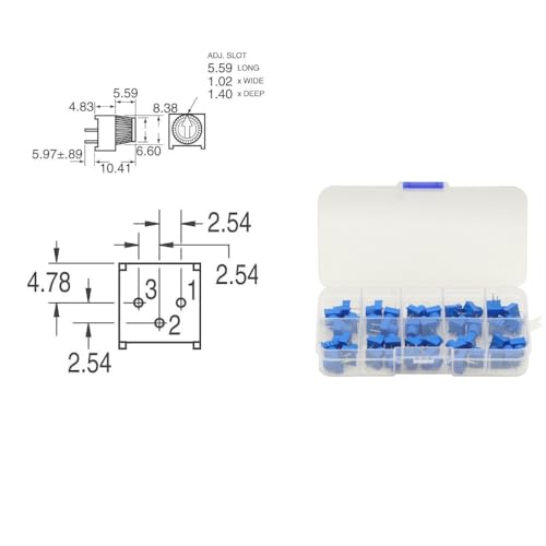 40Pcs 1K 2K 5K 10K 20K 50K 100K 500K Ohm 1M 500R 3386P Trim Potentiometer Kit with Blue Knobs Breadboard Compatible Variable Resistors