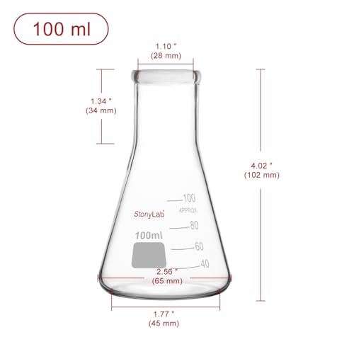 stonylab Erlenmeyer Flasks, 2 Pack 100 ml Narrow Mouth Heavy Wall Borosilicate Glass Erlenmeyer Flask Laboratory Glassware - size: 100 ml