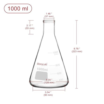stonylab Erlenmeyer Flasks, 2 Pack 1000 ml Narrow Mouth Heavy Wall Borosilicate Glass Erlenmeyer Flask Laboratory Glassware - size: 1000 ml