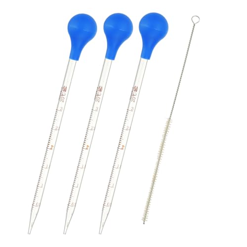 PATIKIL Graduated Dropper Pipettes Kit, 3 Pcs 3ml Borosilicate Glass Pipette with Blue Rubber Cap and Brush for Transfer Liquid for Lab, Chemistry, Clear - size: 3ml