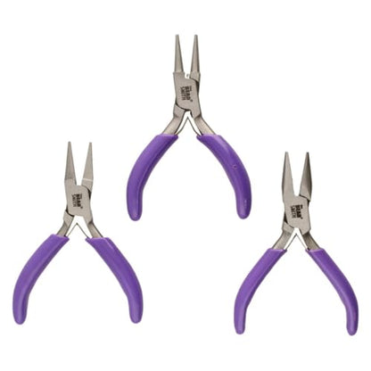 The Beadsmith Mini Series Plier Set – 3-Piece Kit: Chain Nose, Round Nose & Flat Nose – 3-Inches, Purple Comfort Grip Handle, Single Leaf Spring, Polished Steel Head – Tools for Jewelry Making - style: 3 Piece