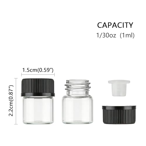 50pcs 1ML 1/4 Dram Mini Clear Glass Essential Oils Vial Small Sample Bottles with Black Caps for Essential Oils Chemistry Lab Chemicals Colognes Perfumes Pipette droppers as Gift