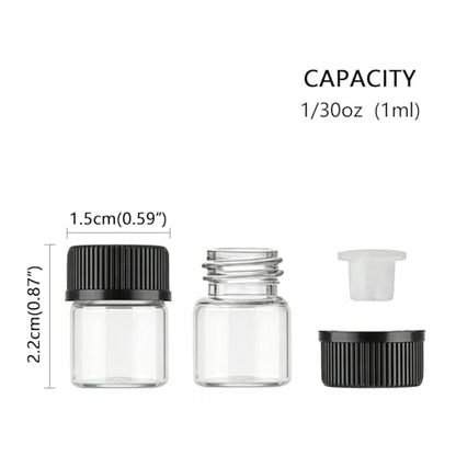 50pcs 1ML 1/4 Dram Mini Clear Glass Essential Oils Vial Small Sample Bottles with Black Caps for Essential Oils Chemistry Lab Chemicals Colognes Perfumes Pipette droppers as Gift