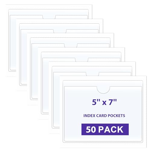 TOTiyea 50 Pack Clear Adhesive Pockets for Index Card Sleeves and Planners, Top Loading,Plastic Label Holder for Note Cards (50 Pack, 5'' x 7'') - size: 5'' x 7'', style: 50 Pack