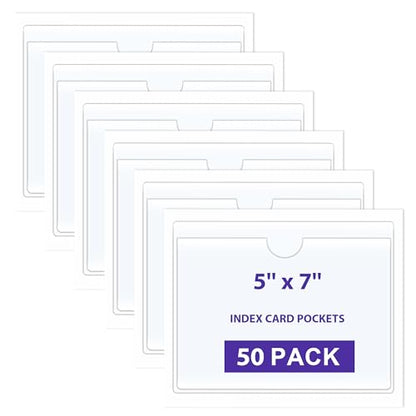 TOTiyea 50 Pack Clear Adhesive Pockets for Index Card Sleeves and Planners, Top Loading,Plastic Label Holder for Note Cards (50 Pack, 5'' x 7'') - size: 5'' x 7'', style: 50 Pack