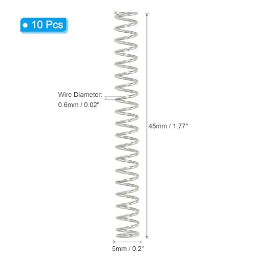 PATIKIL Compression Spring, 0.6mm Wire Dia x 5mm OD x 45mm L, 10 Pcs 304 Stainless Steel Mechanical Extension Small Springs Pen Springs Assortment Kit for Shop and Home Repairs - size: 0.6x5x45mm