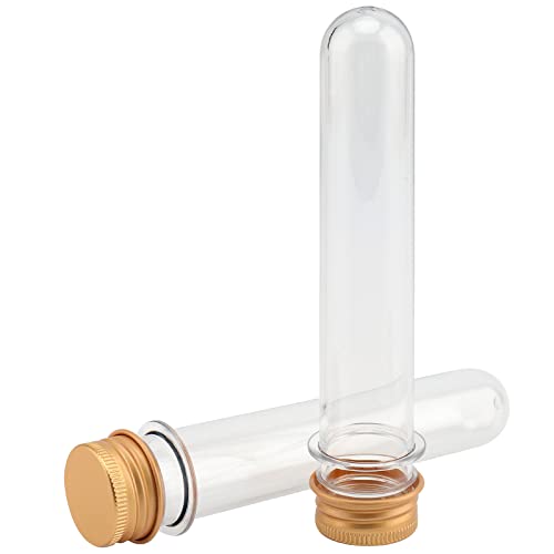 SEUNMUK 60 PCS 40ml Clear Plastic Test Tubes with Gold Caps, 140 x 25 mm Bath Salt Containers, Test Tubes for Plants, Scientific Experiments, Candy Storage, Powders, Spices - color: Gold Caps