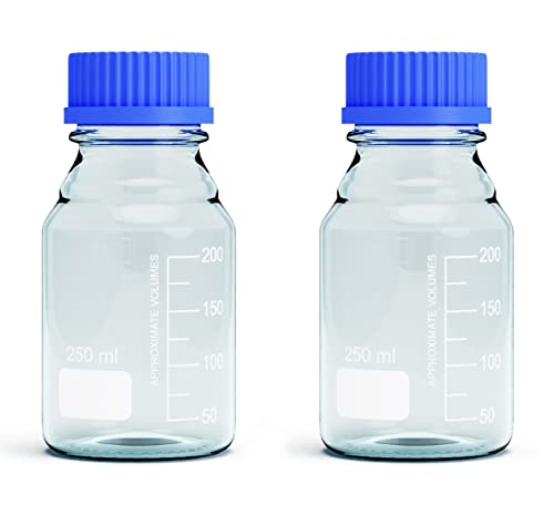 250ML Storage Glass Bottles – 2pcs Round Media Storage Bottle – Borosilicate Glass Bottles – Safe Probe Storage Glass Storage Bottles with GL45 Blue Screw Cap (250ml - 2pcs) - size: 250 ml - 2 count