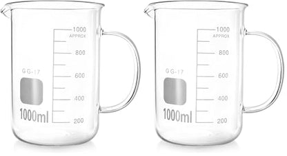 QWORK Beaker with Handle, 1000ml/33.81oz Measuring Cup, Borosilicate Glass,Beaker Mug with Pouring Spout (Pack of 2) - size: 1000 ml (Pack of 2)