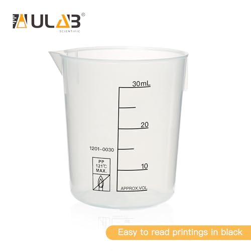 ULAB Scientific Stackable Graduated Plastic Beakers, 12pcs of Vol.30ml(1.01oz), with Easy-to-Read Printings in Black, UBP1020