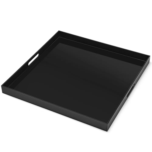 20×20 inches Oversized Black Acrylic Ottoman Tray Extra Large Decorative Tray Spill-Proof Serving Trays with Handles King-Size Safe Edge Organizer for Coffee Table Countertop Breakfast - color: Glossy Black, size: 20" x 20" x 2"