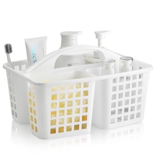ALINK Plastic Shower Caddy Basket with Compartments, Portable Divided Cleaning Supply Storage Organizer with Handle for College Dorm Bathroom - White - color: White