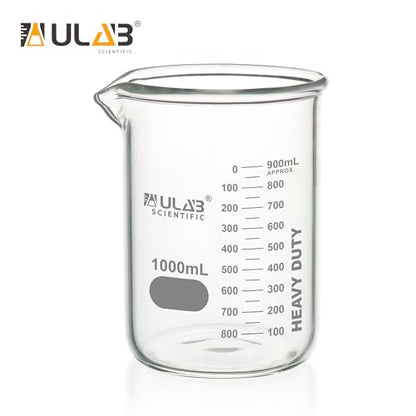 ULAB Heavy Duty Glass Beakers, Vol.1000ml (33.8oz), Borosilicate 3.3 Glass, Thick Wall Beakers, with Double Scale, Superior Durability & Chemical Resistance, UBG1064 - style: 1pc of Vol.1000ml