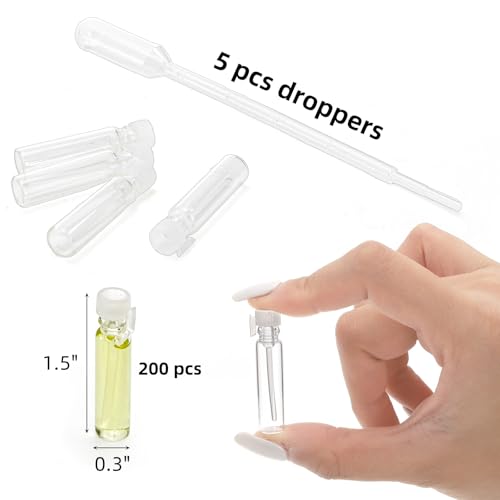 200Pcs Mini 1ml Clear Glass Perfume Sample Bottles with 5 Droppers, Empty Refillable Cologne Decant Bottles, Travel Tester Vials for Fragrance, Essential Oils, DIY Liquids