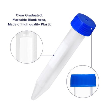 10mL Centrifuge Tubes,200 PCS Conical Tubes Sterile/2Bag Pack,Leak-Proof Screw Caps(Blue), Plastic Container with Write Marks, Non-pyrogenic, DNase/RNase Free - size: 10ml-Blue