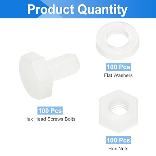 uxcell 300 Pcs/100 Sets Nylon Hex Bolts, M3 x 5mm Plastic Full Threaded Hex Head Screws Bolts and Nuts with Flat Washers for Machinery Electronics Industrial Accessories, White - size: M3 x 5mm