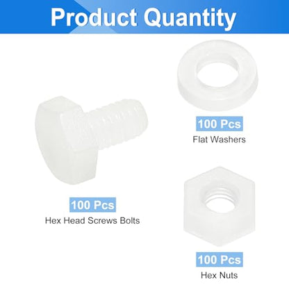uxcell 300 Pcs/100 Sets Nylon Hex Bolts, M3 x 5mm Plastic Full Threaded Hex Head Screws Bolts and Nuts with Flat Washers for Machinery Electronics Industrial Accessories, White - size: M3 x 5mm