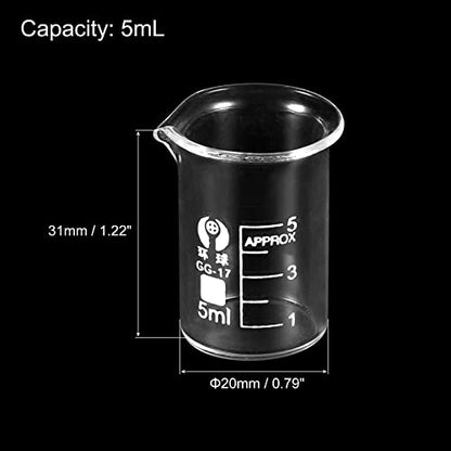 PATIKIL 3Pcs 5ml Low Form Glass Beaker, 3.3 Borosilicate Glass Graduated Printed Scale Measuring Cups with Spout for Kitchen Lab Liquids - size: 5ml