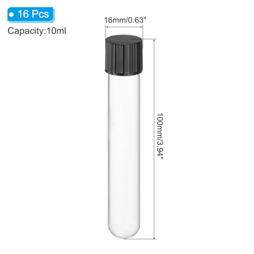 PATIKIL 10ml Test Tubes with Caps, 16pcs Glass Test Tubes Clear Round Bottom Test Tube Containers with Plastic Cap for Bead Candy Bath Salt Storage Scientific Experiment Plant, 16mmx100mm - size: 10ml