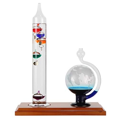 Lily's Home Galileo Thermometer with Etched Glass Globe Barometer 64ºF–80ºF, A Timeless Design with Wood Base, Gift for Friends and Family, Holiday Gift, Indoor & Outdoor Home Décor (9 in x 12 in) - style: Glass Globe Barometer